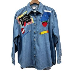 SHANE LEE INC. Womens L Vintage Teacher Themed Denim Button Up Shirt Made In USA